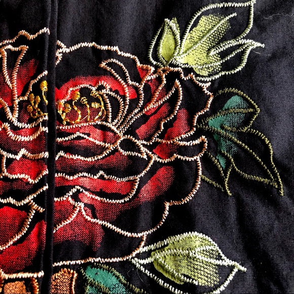Black Floral Embroidery Cotton Button Down Shirt S - Picture 6 of 10